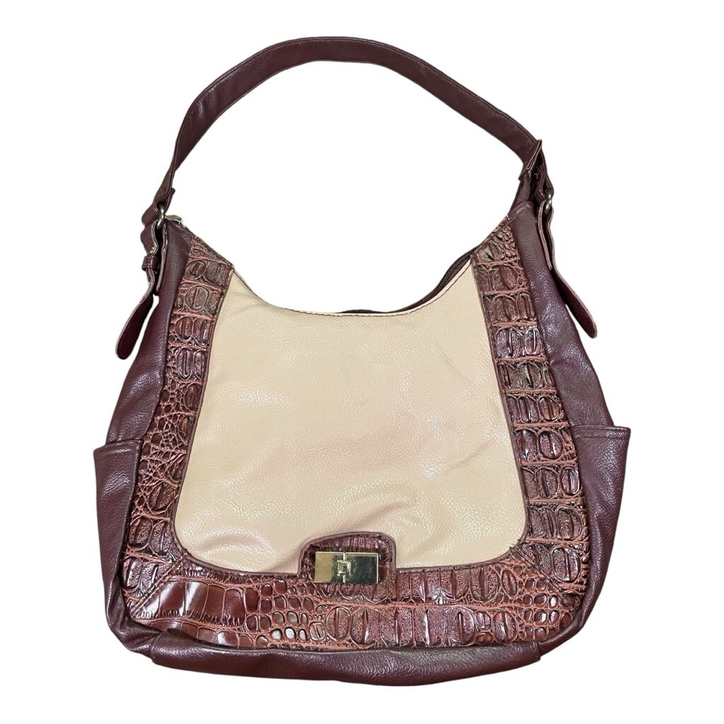 Alligator Look Shoulder Handbag Bag Purse Brown Alligator & Beige Faux Leather