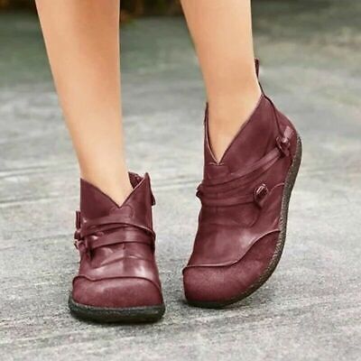 Womens Flat Ankle Boots Ladies Vintage Winter Casual Zipper Round Toe Shoes Size