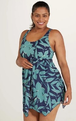 #ad #ad QVC Denim amp; Co. Beach Scoop Neck Hankerchief Hem Swim Dress UK 10 Tropical Blue GBP 17.90