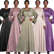 Women Satin Abaya Long Dress Kaftan Dubai Islamic Muslim Robe Party Gown Dress