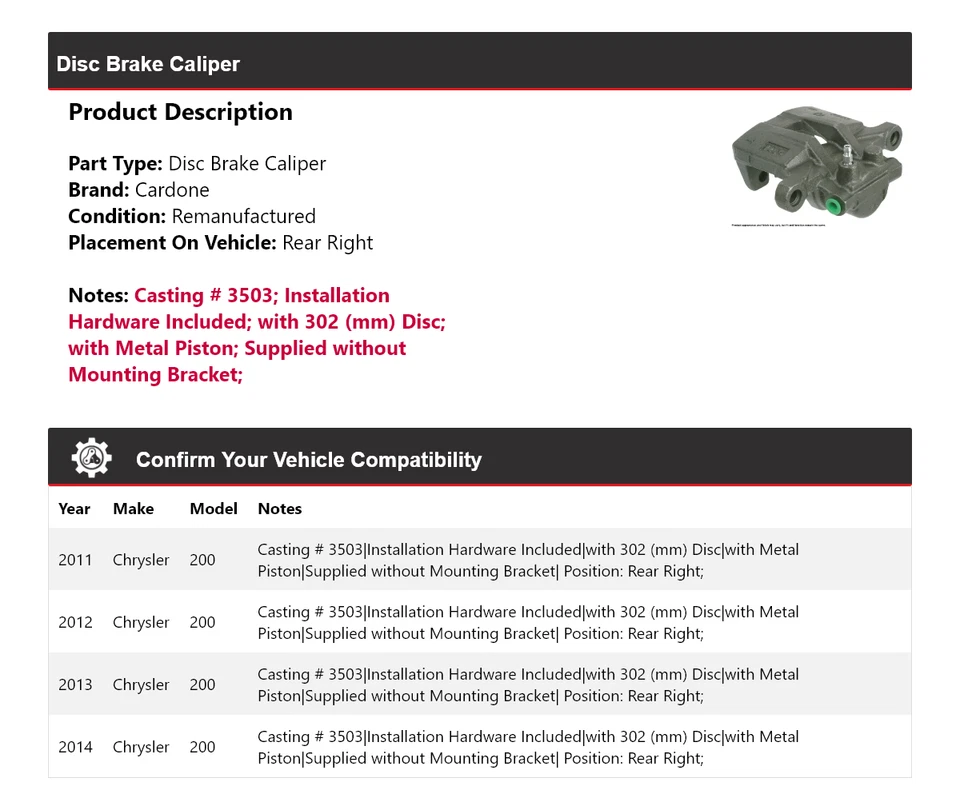 Задний правый суппорт дискового тормоза для Chrysler 200 2011-2014 годов выпуска 2012 2013 годов выпуска - Изображение 2 из 4