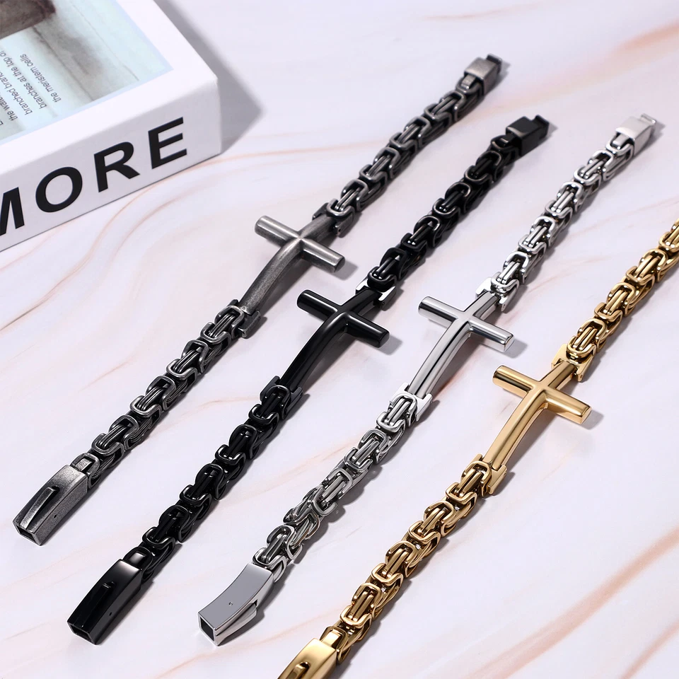 Pulsera Cruz Religiosa Hombre Cadena Bizantina Pulsera Eslabones Acero Inoxidable Foto 2 de 3