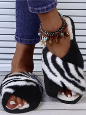 Women New Lovely Zebra Striped Plush Slippers 8.5-9