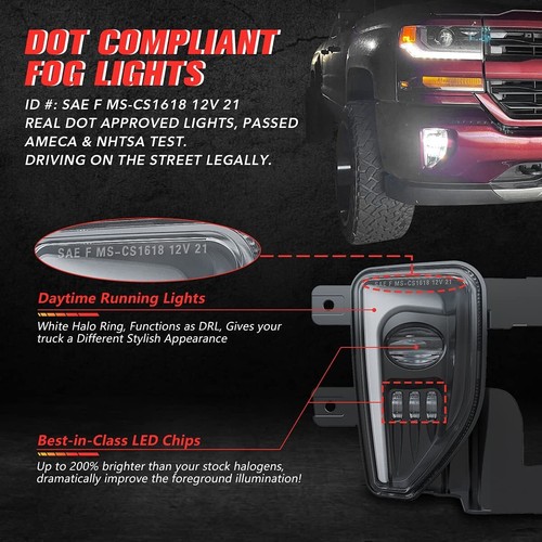 Pair LED Fog Lights DRL Bumper Lamps For Chevy Silverado 1500 2016 2017 2018 - Picture 3 of 7