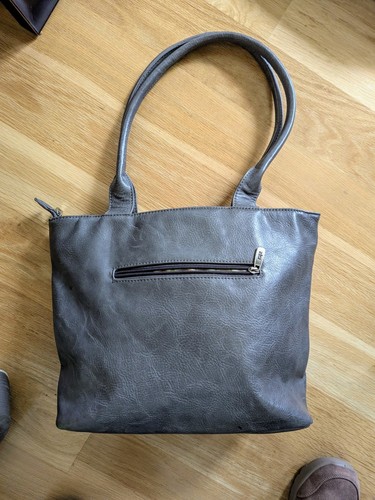 Handbag, Gray with leaf trim, teal trim, ESPE brand, outside phone pocket - Picture 2 of 5