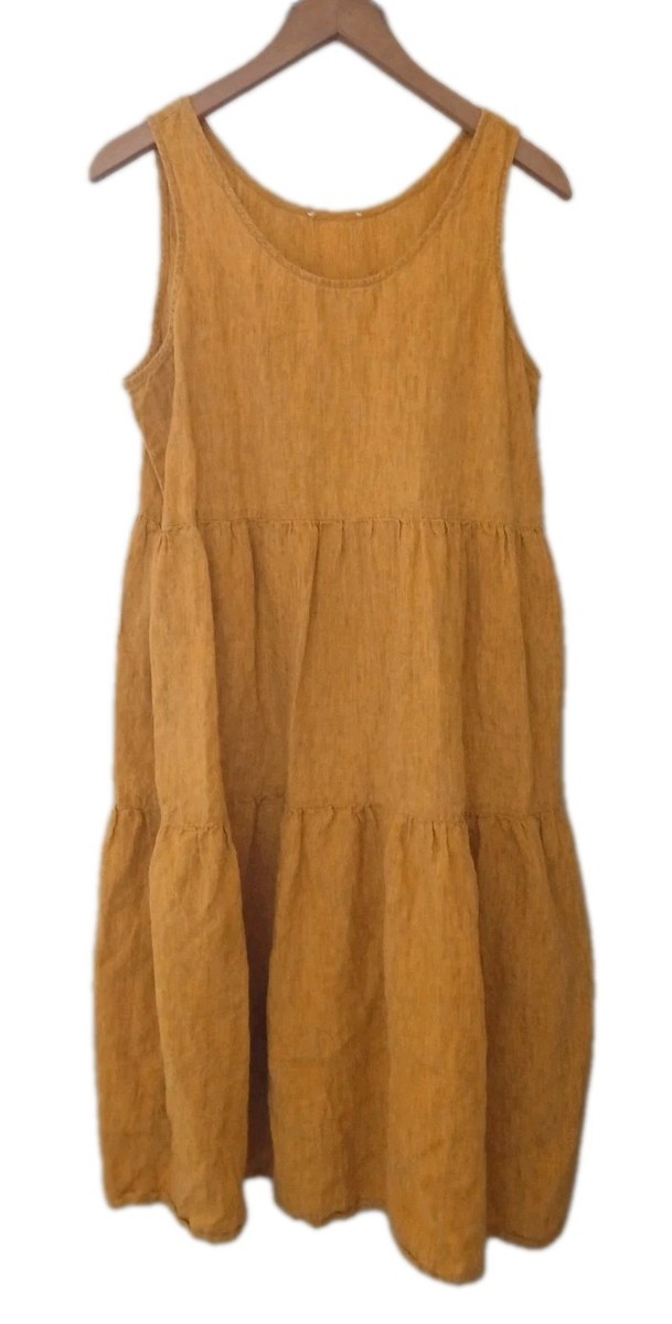 Eileen Fisher Delave Tiered Dress Washed Organic Linen Est Small Yellow  Midi | eBay