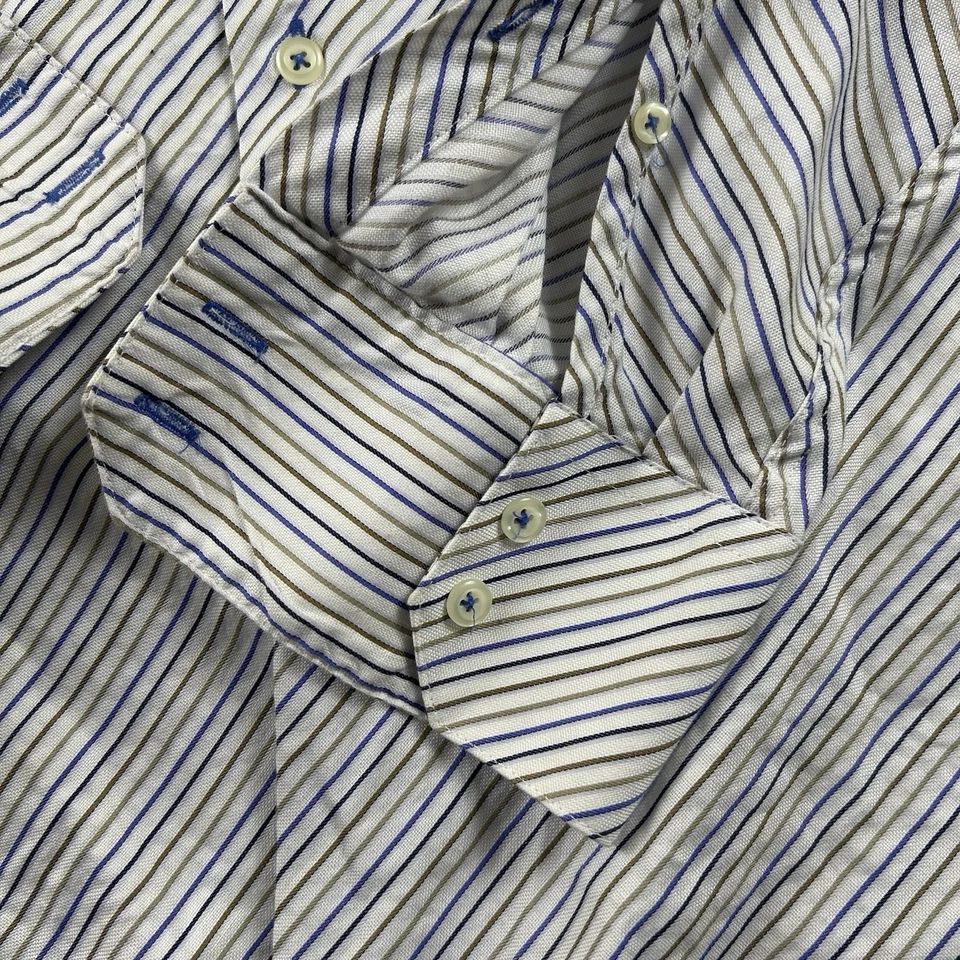 Bachrach Mens L 16 1/2 - 41/42 Button Up Shirt Blue Brown Striped French Cuff - Image 4 of 4