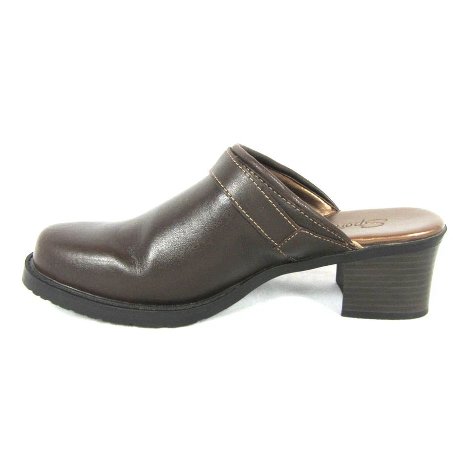 Zuecos Sporto para mujer de cuero marrón oscuro tacón ancho punta redonda zapatos talla 7,5 usados en excelente estado Foto 4 de 4