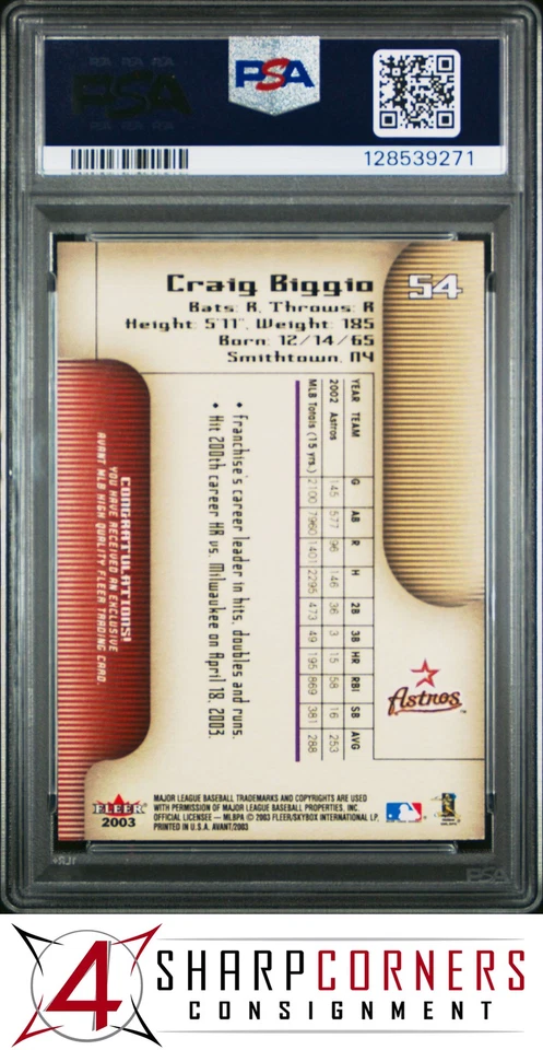 2003 FLEER AVANT #54 CRAIG BIGGIO ASTROS HOF POP 1 PSA 10 - Image 2 of 3