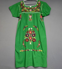 Mexican Embroidered Dress Womens XL Green Floral Boho Folk 100 Cotton Handmade