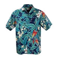 Hawaii Brand Hawaiian Aloha Shirt Large MaCaw Parrots Hibiscus Flowers Floral