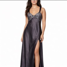 Vintage Victoria's Secret Nightgown Slip Dress Gray Satin Lace Sequin Large 90s