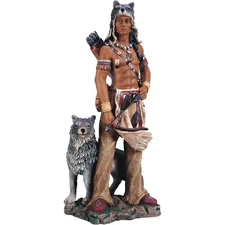 17"H Indian Warrior with wolf and arrows Statue Native Tabletop Ornament