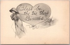Postal del Día de San Valentín de la década de 1910 Bonita Dama/Cupido "Bendita sea la corbata que ata"