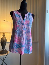 Lilly Pulitzer Etta Tank Top Womens Medium Pink Blue Pineapple Floral Cotton
