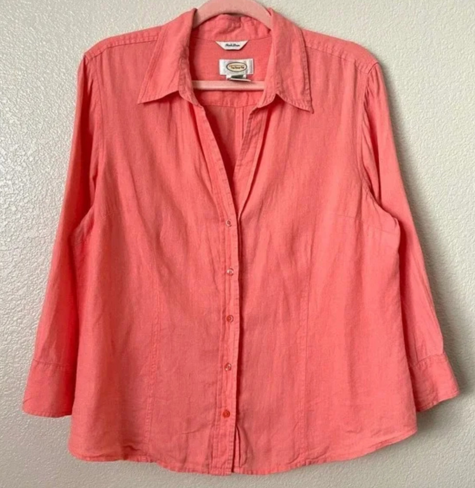 VTG TALBOTS Irish Linen Button-Up Shirt Fitted Top 3/4 SLEEVE Coral Orange L