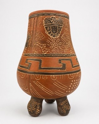 Leopoldo De Mexico Vintage Terracotta Hand Carved Tribal Tripod Pottery Vase