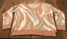 Cozy Co V-Neck Sweater Peach Aqua S/M Small Medium Abstract Tight Knit Pullover