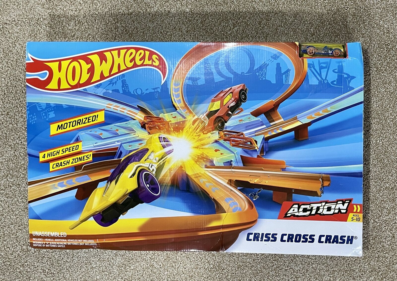 Hot Wheels Criss Cross Crash 4 Way Crash Zone Motorized Race Way With One  Car