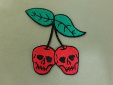Skull Cherries Embroidered Iron On Patch. 