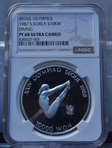 1987 10000 WON SEOUL OLYMPICS S.KOREA DIVING NGC PF68 ULTRA CAMEO SILVER COIN