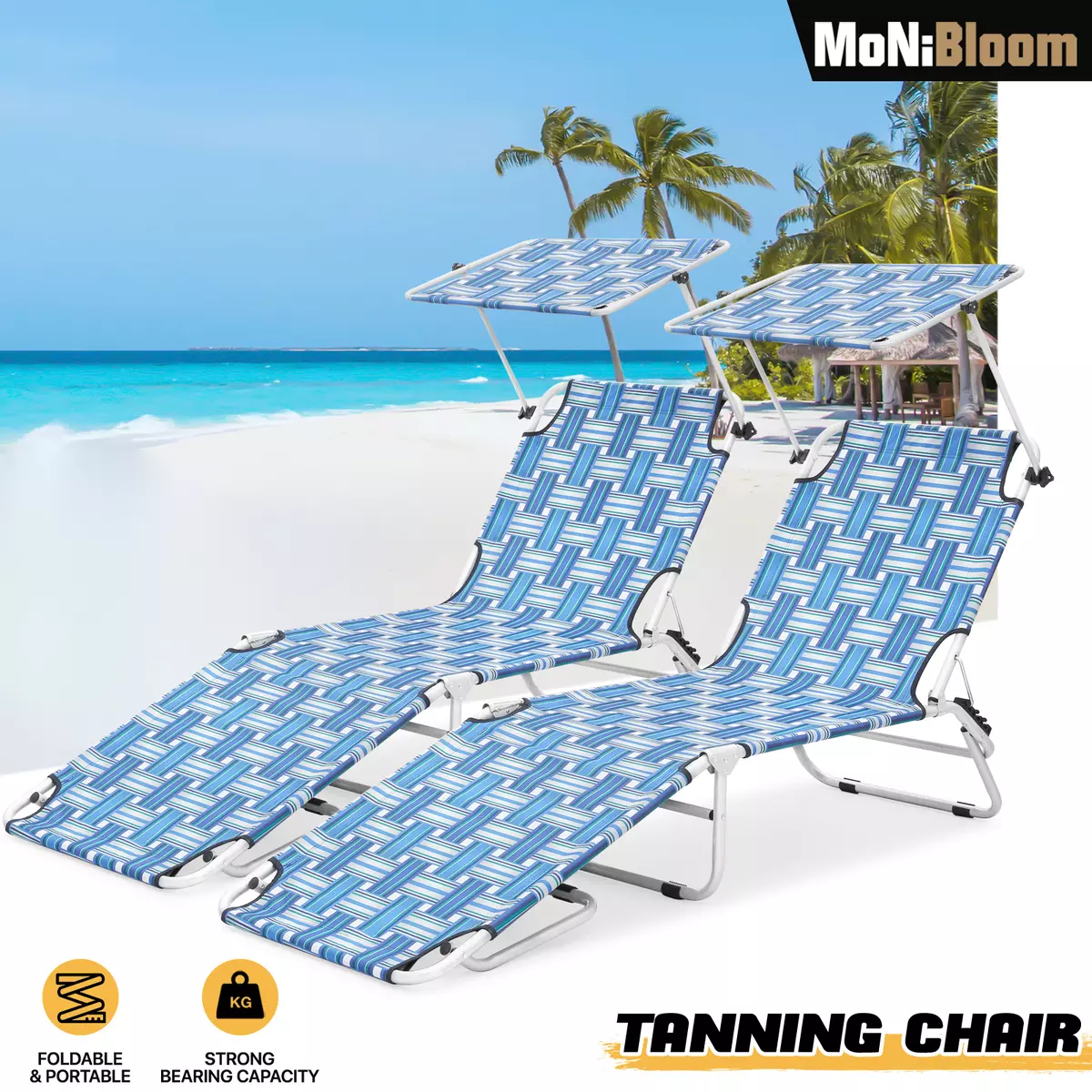 2 Pack Foldable Beach Chair Set Camping Patio Lounge Chaise w Adjustable Canopy