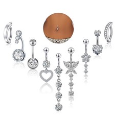 9pcs Belly Bars Stainless Steel Navel Button Rings CZ Belly Piercing Jewelry 14G