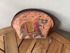Vintage Elephant Embossed Painted Leather Coin Purse Zip Pouch Lined 3.70  x6.5  