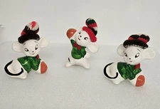 3 Vintage 80's Ucagco Taiwan Christmas Mouse With Knit Cap Figurine Holiday Mice