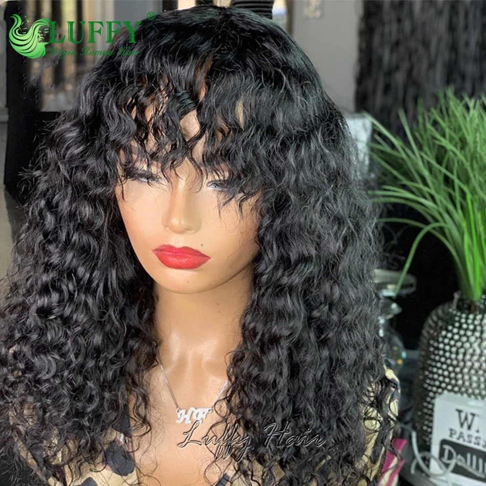 Pelucas de cabello humano brasileño con flequillo con tapa de cuero cabelludo rizado hechas a máquina Foto 2 de 4