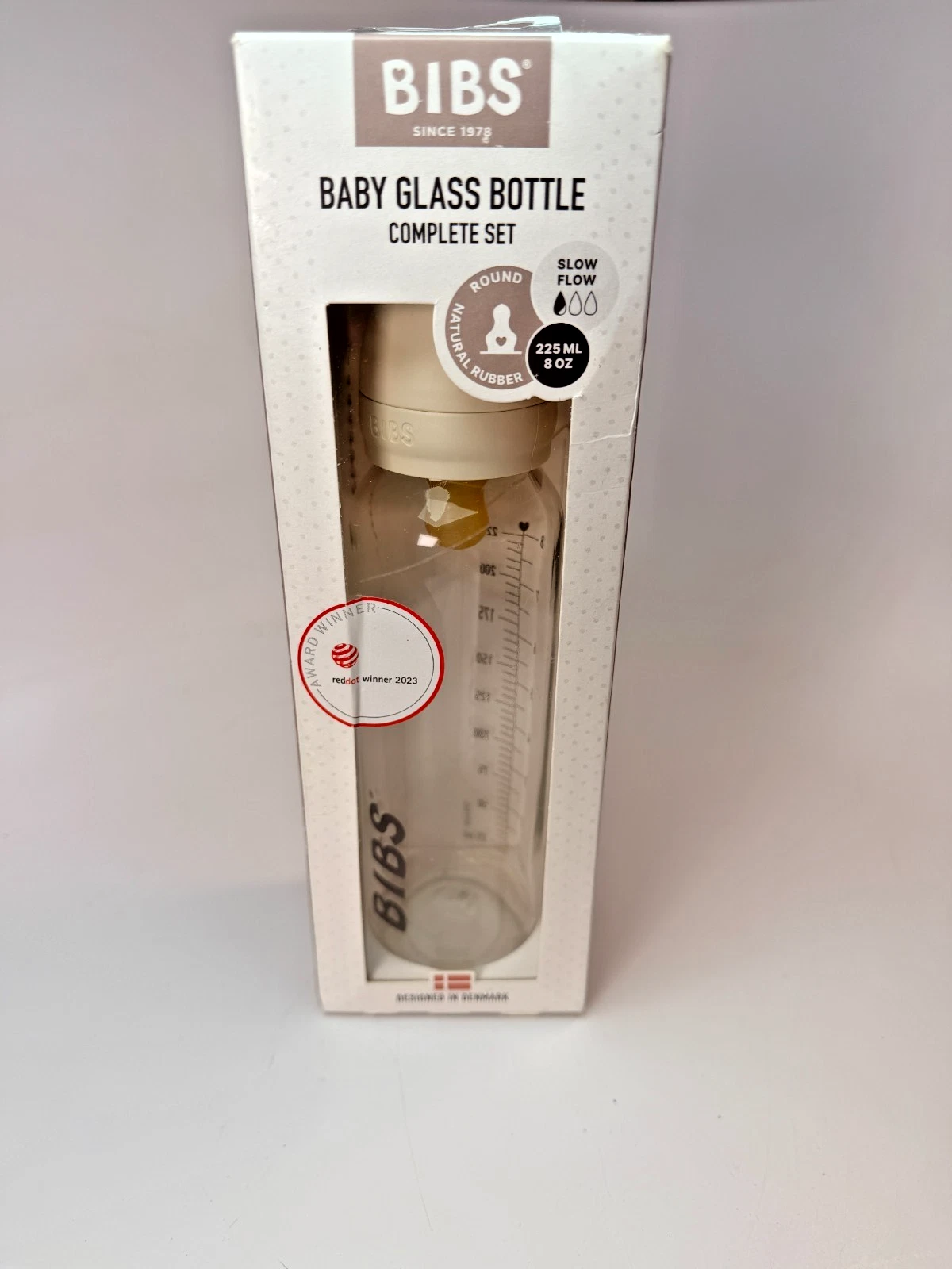 BIBS Baby Glass bottle Complete Set 225ml 8 oz Slow Flow Round Nipple In Ivory