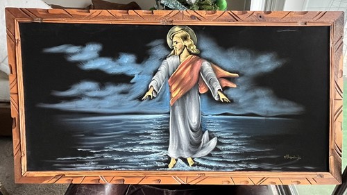 Large Vintage Black Velvet Painting Jesus Christ Walking On Water 42 1/ ...