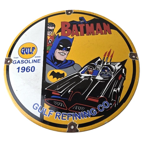 Vintage Gulf Gasoline Sign - Batman Robin Porcelain Gas Pump Sign
