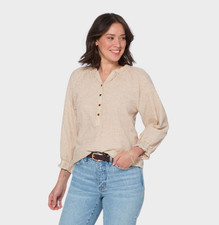 Duluth Women's Artisan Hemp 3/4 Sleeve Smocked Blouse - Neutral Mini Stripe