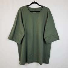 Denim & Co Top 1X Tunic Olive Green Roll Tab Sleeves 100% Cotton Knit Classic 
