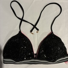 New Victoria s Secret Bikini Top Sequin String Halter Black Swim NWT