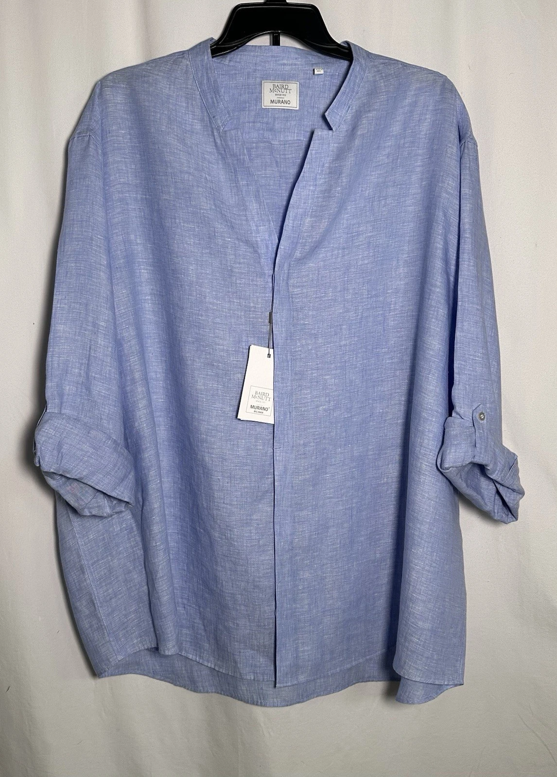 Baird McNutt Murano Men' Shirt 4XB Roll Tab 100% Linen V-Neck Light Blue $89