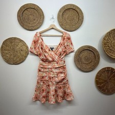 Express Pink Peach Flower Floral Ruffle Draped Ruched Cocktail Mini Dress 2