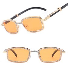 Luxurious Rhinestone Encrusted Rectangle Gold Frame Sunglasses Orange Lens