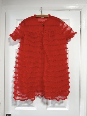 Vintage Prova rot transparent Nylon Spitze Rüschen Rüschen Morgenmantel Nachthemd S Small 34-36''