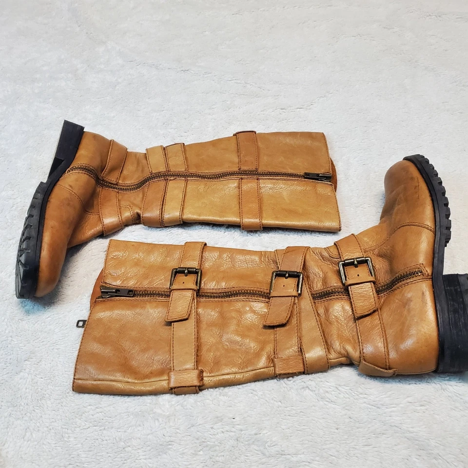 Shellys London Tan Leather Buckle Bohemian Boho Moto Biker Classic Tall Boots 8 - Image 2 of 4