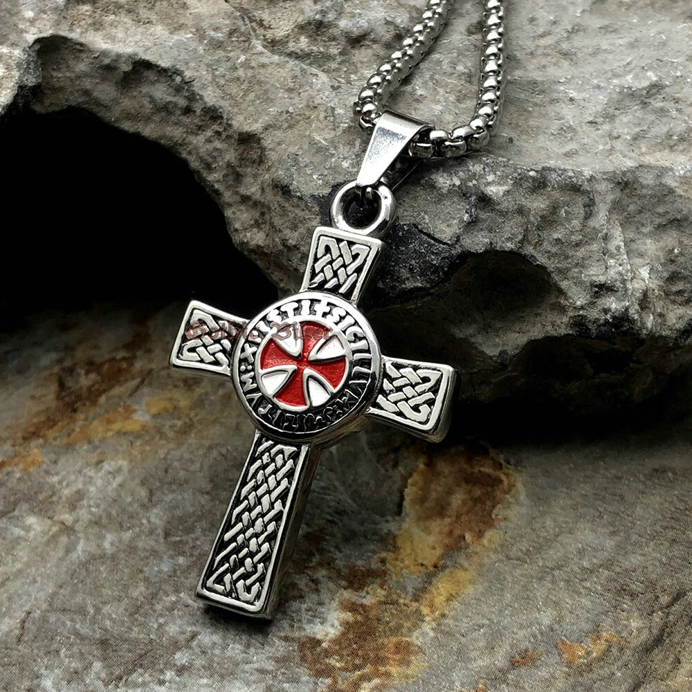 Mens Stainless Steel Red Masonic Knights Templar Crusader Cross Pendant Necklace