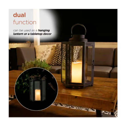 14 in. Tall Outdoor Hexagonal Battery-Operated Metal Lantern with LED Lights, Bl - Picture 5 of 9