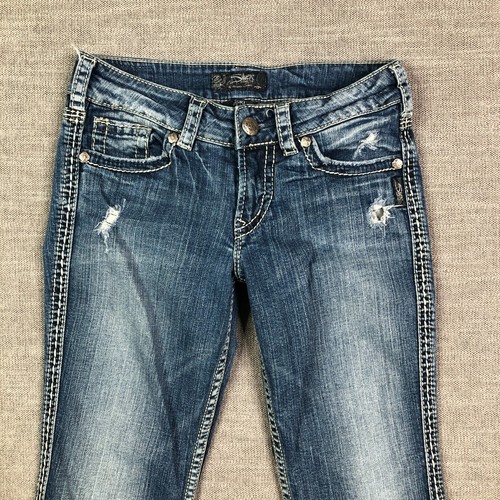 Silver Jeans Womens 28 Blue Suki Faux Flap Pockets Embroidered Flare Distressed - Bild 1 von 14