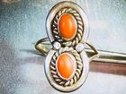 VINTAGE NAVAJO STERLING SILVER & DOUBLE CORAL RING - SPLIT SHANK - Sz.7 - #J456