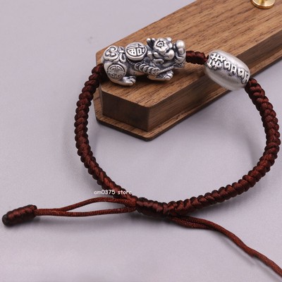 Echt 999 Rein Silber Armband Herren Damen Drache Pixiu Perle Dunkelrot Schnur 7 Zoll L