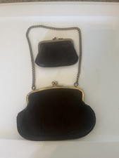 1930s Victorian leather Brown Wavy Evening Bag Clutch Purse with coin purse