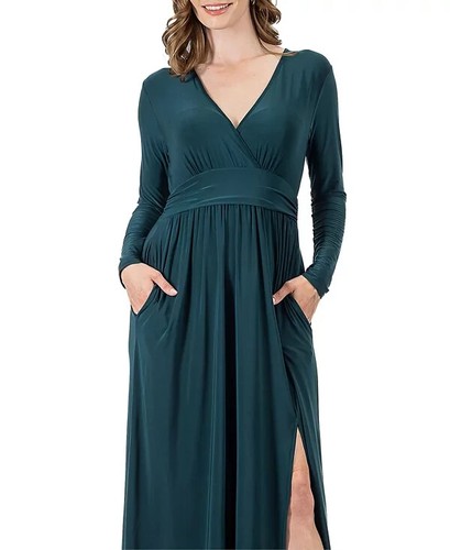 24seven Comfort Apparel Women's V-neck Side Slit Maxi Dress - Hunter - SZ L - Picture 4 of 7