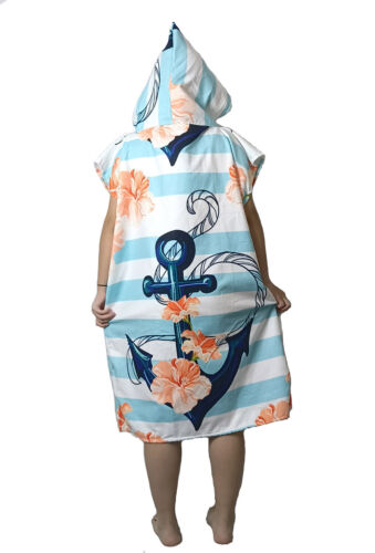 Nautical Anchor Striped Flower Hooded Poncho Towel Bath Swim Beach Changing Robe - Afbeelding 1 van 27