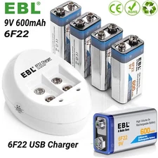 EBL 600mAh 6F22 Li-ion 9V Rechargeable Batteries / 2 Slot 9V Battery Charger Lot